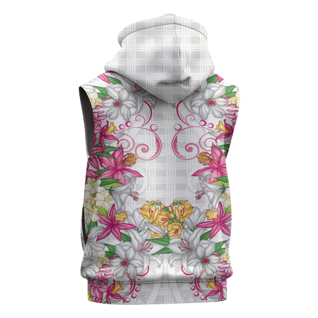 Hawaii Palaka Sleeveless Hoodie White Tribal Pattern With Tropical Flowers LT05 - Polynesian Pride