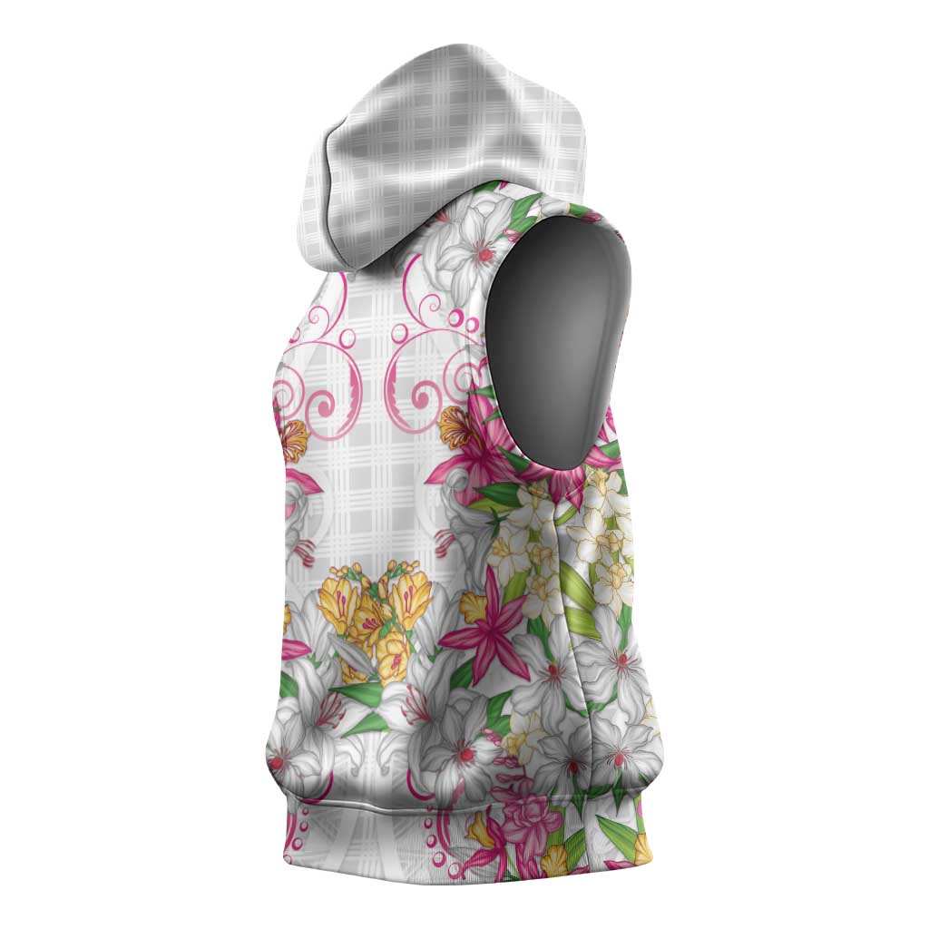 Hawaii Palaka Sleeveless Hoodie White Tribal Pattern With Tropical Flowers LT05 - Polynesian Pride