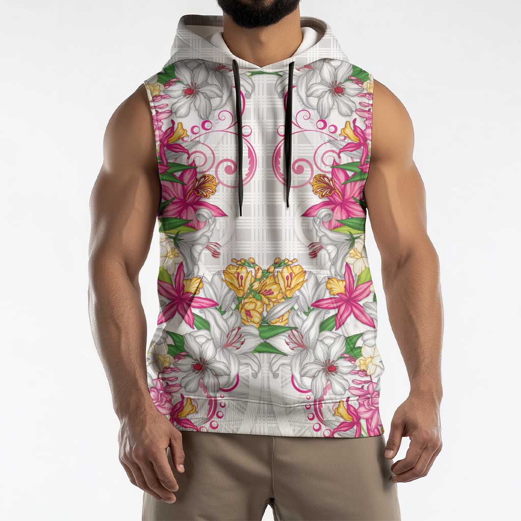 Hawaii Palaka Sleeveless Hoodie White Tribal Pattern With Tropical Flowers LT05 - Polynesian Pride