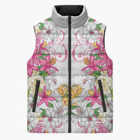 Hawaii Palaka Sleeveless Puffer Jacket White Tribal Pattern With Tropical Flowers LT05 Unisex White - Polynesian Pride