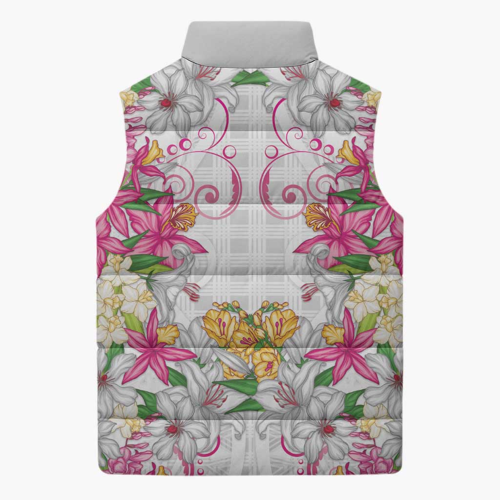 Hawaii Palaka Sleeveless Puffer Jacket White Tribal Pattern With Tropical Flowers LT05 - Polynesian Pride