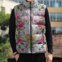 Hawaii Palaka Sleeveless Puffer Jacket White Tribal Pattern With Tropical Flowers LT05 - Polynesian Pride