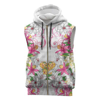 Hawaii Palaka Sleeveless Zip Hoodie White Tribal Pattern With Tropical Flowers - Polynesian Pride