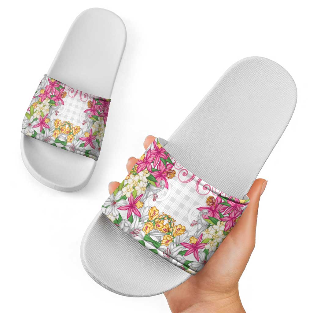 Hawaii Palaka Slide Sandals White Tribal Pattern With Tropical Flowers - Polynesian Pride