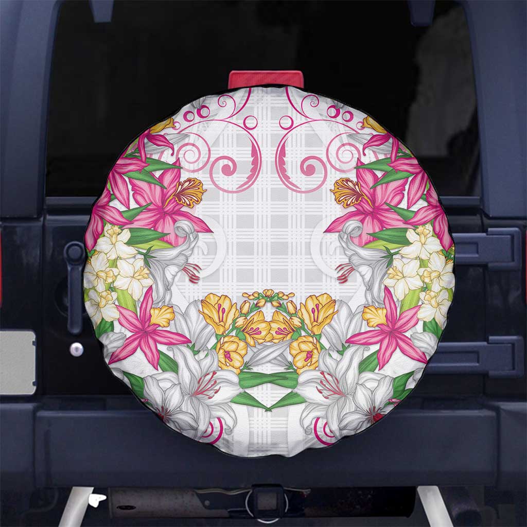 Hawaii Palaka Spare Tire Cover White Tribal Pattern With Tropical Flowers - Polynesian Pride