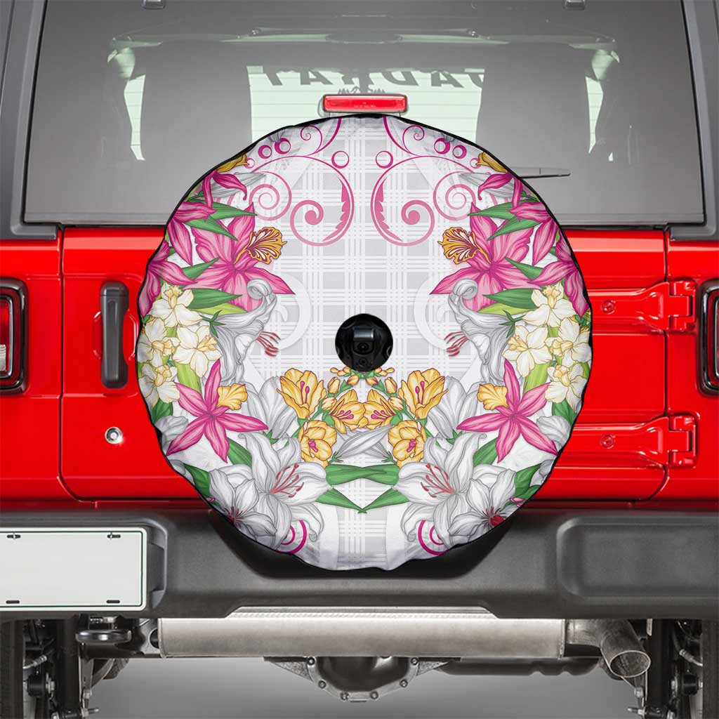 Hawaii Palaka Spare Tire Cover White Tribal Pattern With Tropical Flowers - Polynesian Pride