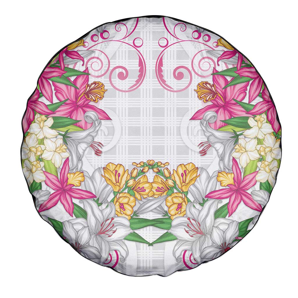 Hawaii Palaka Spare Tire Cover White Tribal Pattern With Tropical Flowers - Polynesian Pride