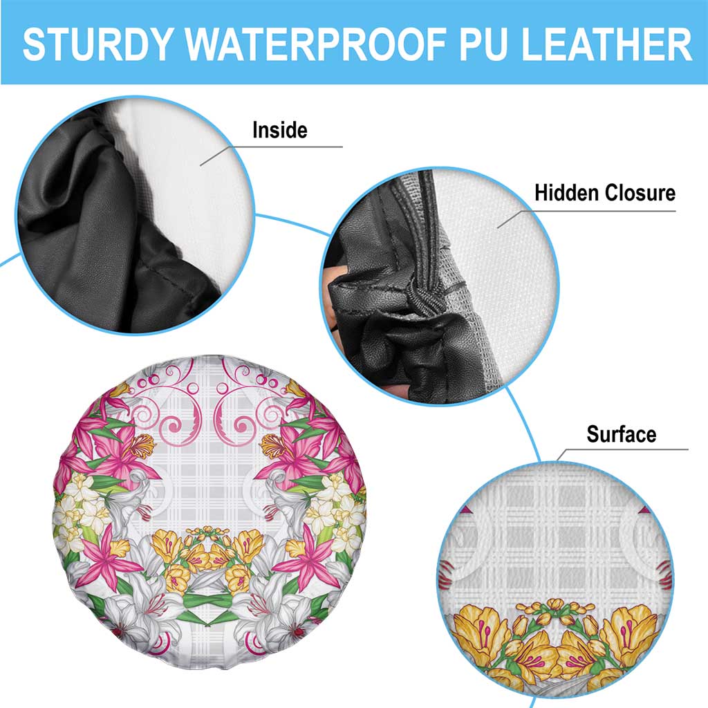 Hawaii Palaka Spare Tire Cover White Tribal Pattern With Tropical Flowers - Polynesian Pride