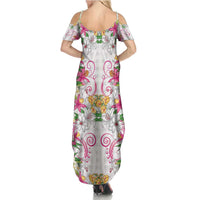 Hawaii Palaka Summer Maxi Dress White Tribal Pattern With Tropical Flowers - Polynesian Pride