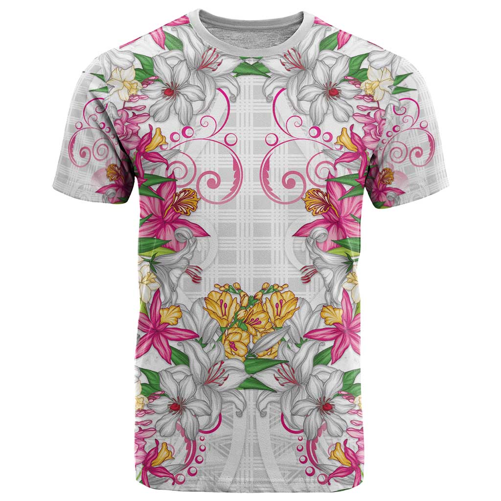 Hawaii Palaka T Shirt White Tribal Pattern With Tropical Flowers - Polynesian Pride