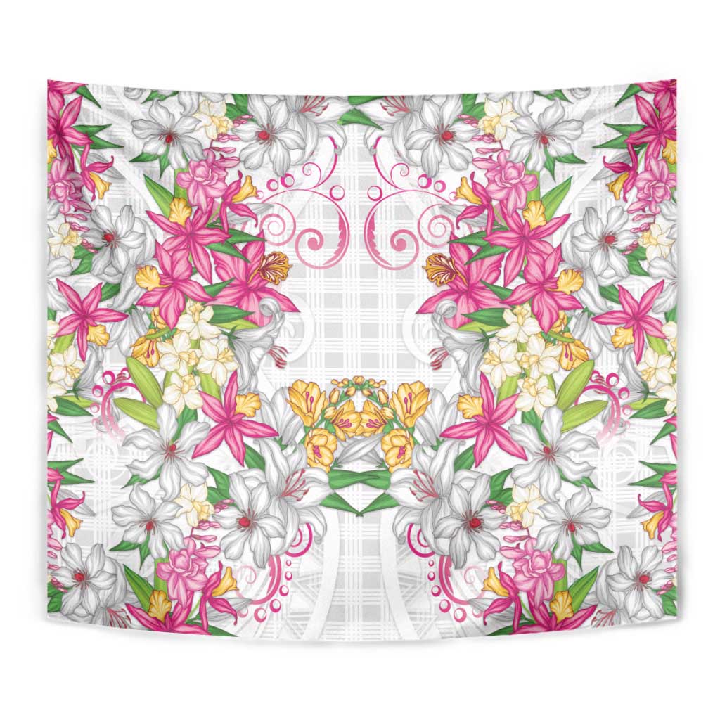 Hawaii Palaka Tapestry White Tribal Pattern With Tropical Flowers - Polynesian Pride