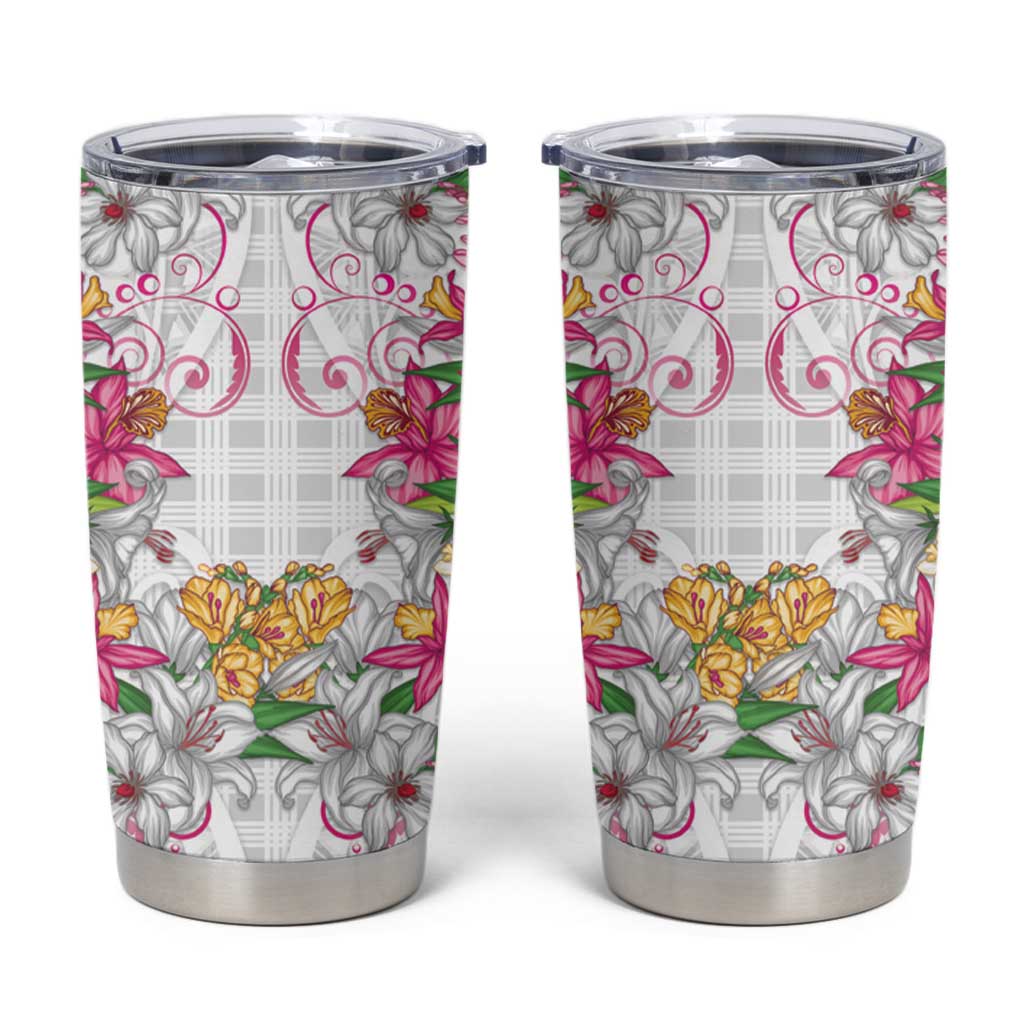 Hawaii Palaka Tumbler Cup White Tribal Pattern With Tropical Flowers - Polynesian Pride