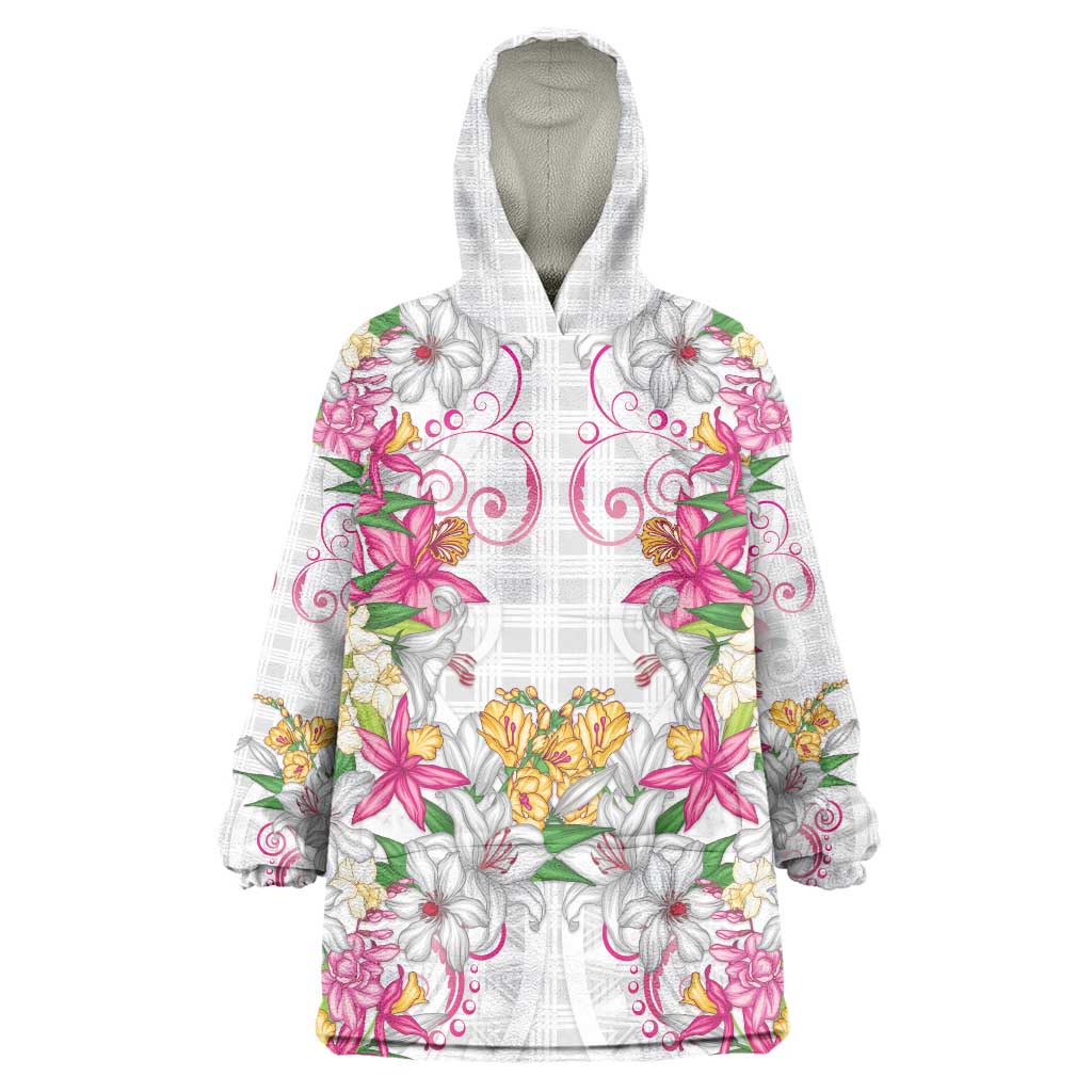 Hawaii Palaka Wearable Blanket Hoodie White Tribal Pattern With Tropical Flowers LT05 One Size White - Polynesian Pride