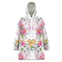 Hawaii Palaka Wearable Blanket Hoodie White Tribal Pattern With Tropical Flowers LT05 One Size White - Polynesian Pride
