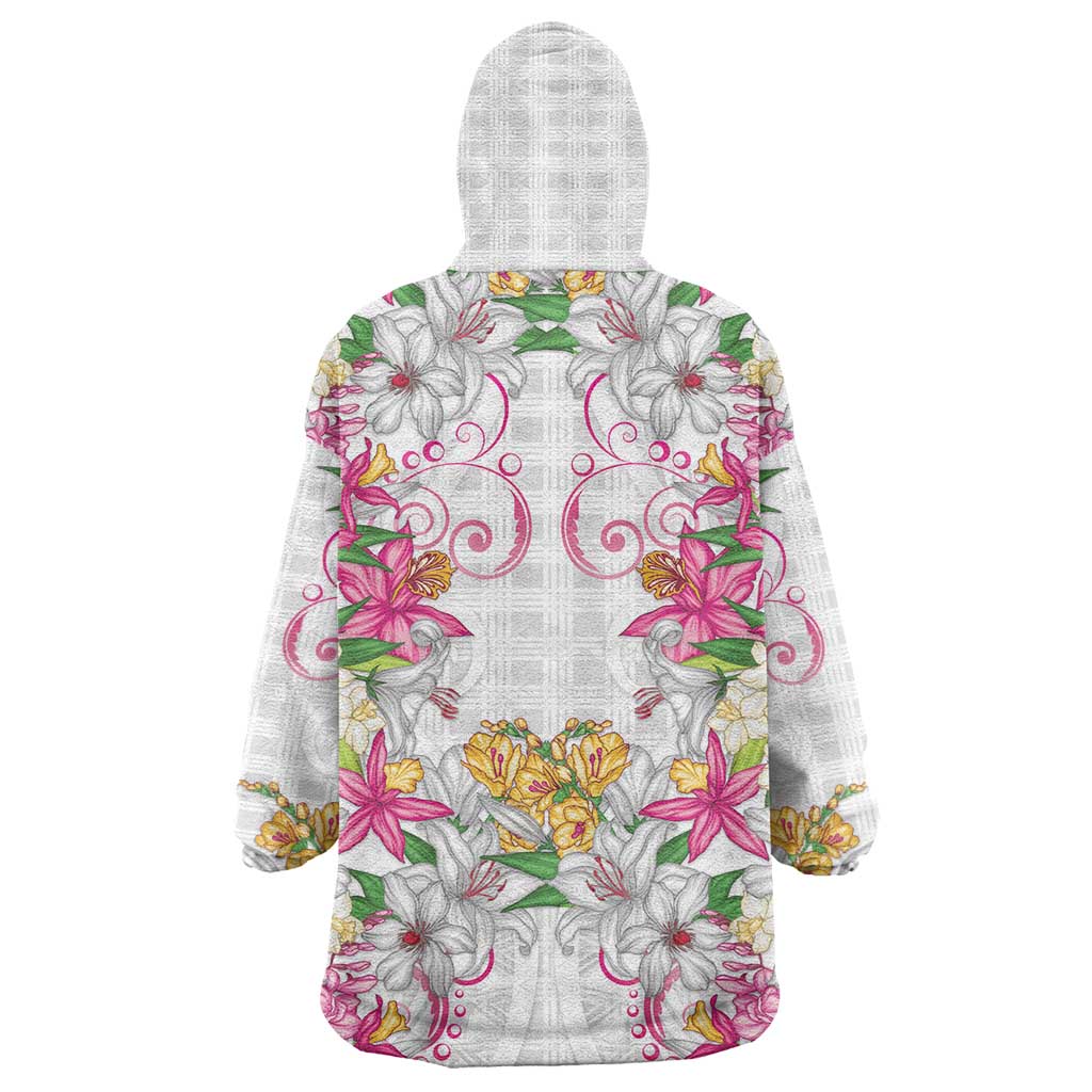Hawaii Palaka Wearable Blanket Hoodie White Tribal Pattern With Tropical Flowers LT05 - Polynesian Pride