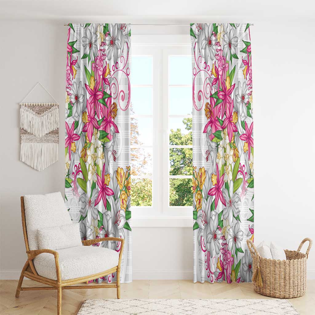 Hawaii Palaka Window Curtain White Tribal Pattern With Tropical Flowers - Polynesian Pride