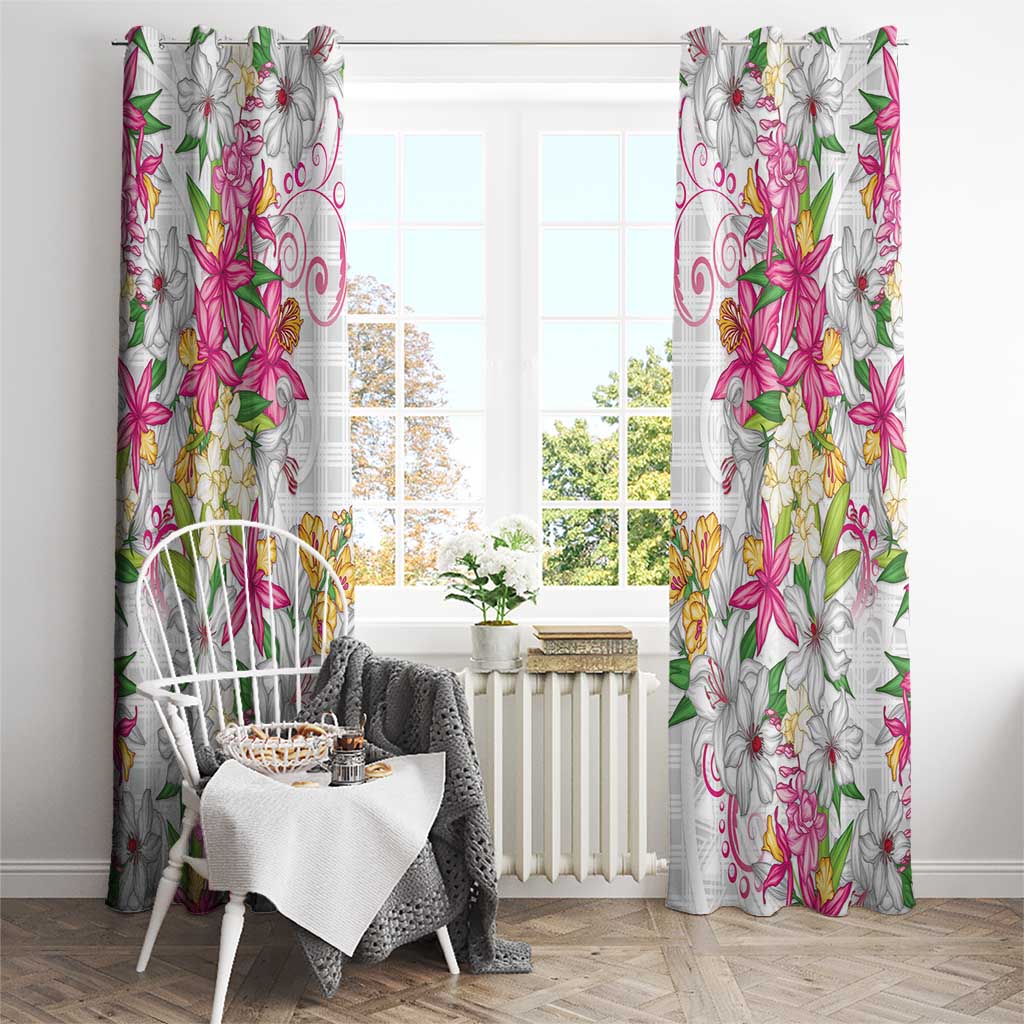 Hawaii Palaka Window Curtain White Tribal Pattern With Tropical Flowers - Polynesian Pride