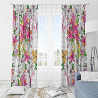 Hawaii Palaka Window Curtain White Tribal Pattern With Tropical Flowers - Polynesian Pride
