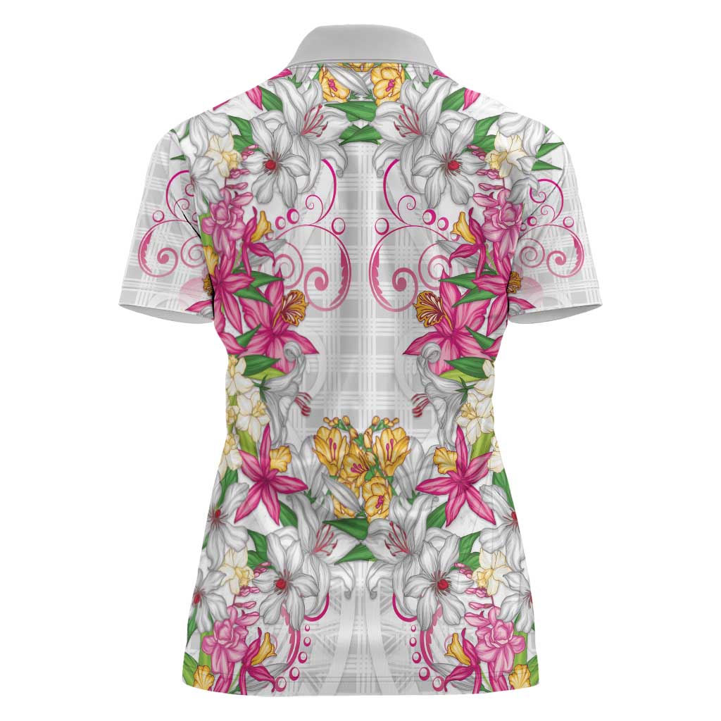 Hawaii Palaka Women Polo Shirt White Tribal Pattern With Tropical Flowers - Polynesian Pride