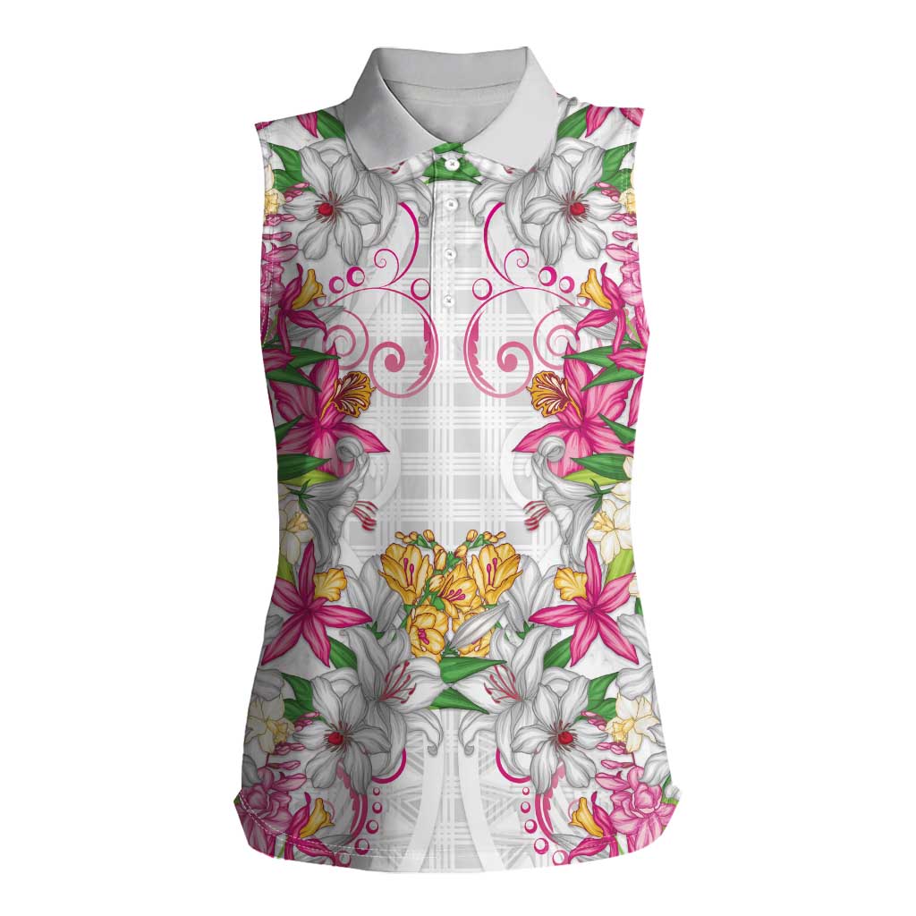 Hawaii Palaka Women Sleeveless Polo Shirt White Tribal Pattern With Tropical Flowers LT05 Female White - Polynesian Pride