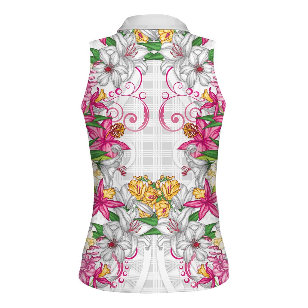Hawaii Palaka Women Sleeveless Polo Shirt White Tribal Pattern With Tropical Flowers LT05 - Polynesian Pride