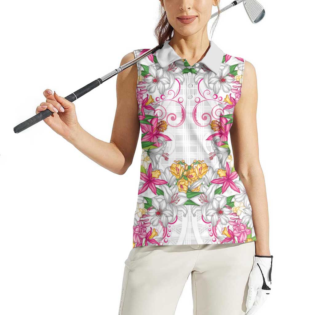Hawaii Palaka Women Sleeveless Polo Shirt White Tribal Pattern With Tropical Flowers LT05 - Polynesian Pride