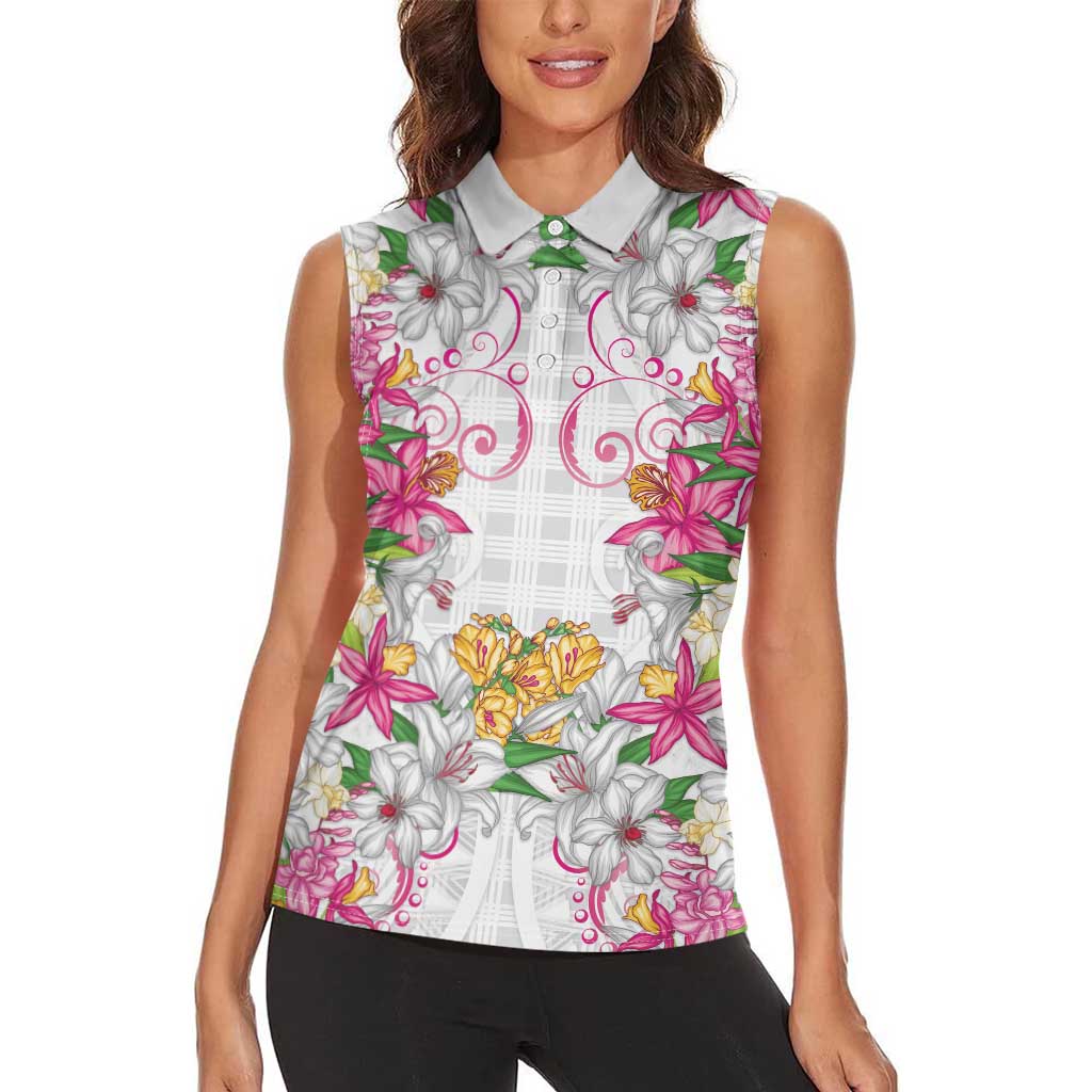 Hawaii Palaka Women Sleeveless Polo Shirt White Tribal Pattern With Tropical Flowers LT05 - Polynesian Pride