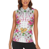 Hawaii Palaka Women Sleeveless Polo Shirt White Tribal Pattern With Tropical Flowers LT05 - Polynesian Pride