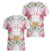 Hawaii Palaka Women V-Neck T-Shirt White Tribal Pattern With Tropical Flowers - Polynesian Pride