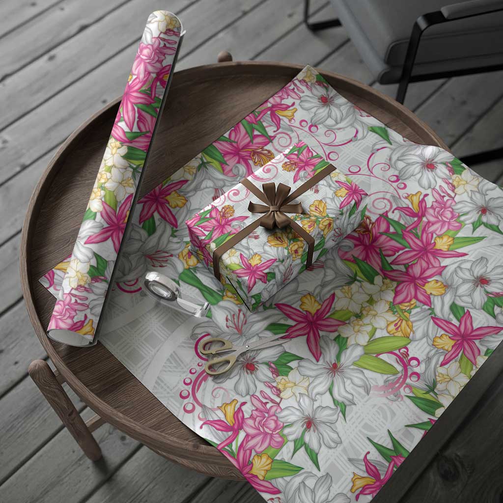 Hawaii Palaka Wrapping Paper White Tribal Pattern With Tropical Flowers LT05 - Polynesian Pride