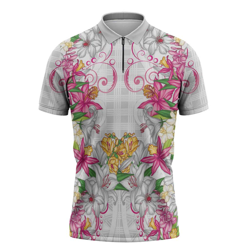 Hawaii Palaka Zipper Polo Shirt White Tribal Pattern With Tropical Flowers LT05 White - Polynesian Pride
