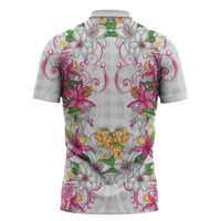 Hawaii Palaka Zipper Polo Shirt White Tribal Pattern With Tropical Flowers LT05 - Polynesian Pride