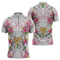Hawaii Palaka Zipper Polo Shirt White Tribal Pattern With Tropical Flowers LT05 - Polynesian Pride