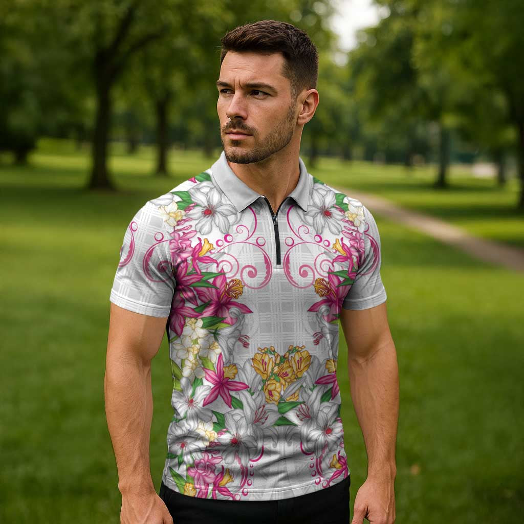 Hawaii Palaka Zipper Polo Shirt White Tribal Pattern With Tropical Flowers LT05 - Polynesian Pride