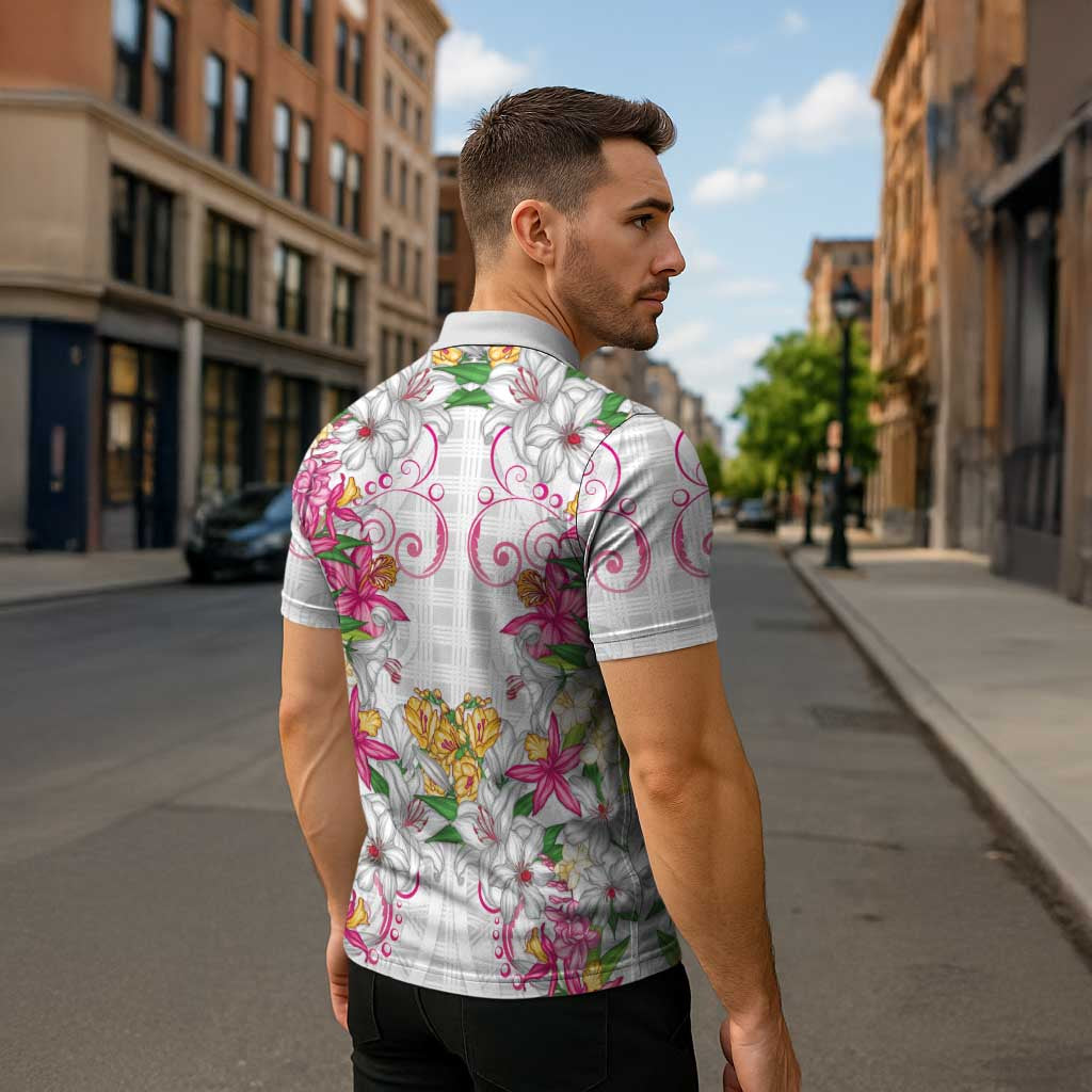Hawaii Palaka Zipper Polo Shirt White Tribal Pattern With Tropical Flowers LT05 - Polynesian Pride