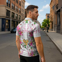 Hawaii Palaka Zipper Polo Shirt White Tribal Pattern With Tropical Flowers LT05 - Polynesian Pride