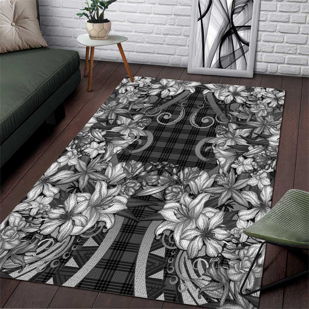 Hawaii Palaka Area Rug Black Tribal Pattern With Tropical Flowers - Polynesian Pride