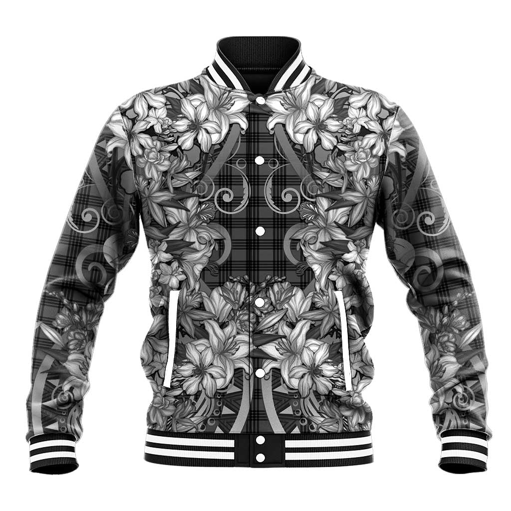 Hawaii Palaka Baseball Jacket Black Tribal Pattern With Tropical Flowers LT05 Unisex Black - Polynesian Pride