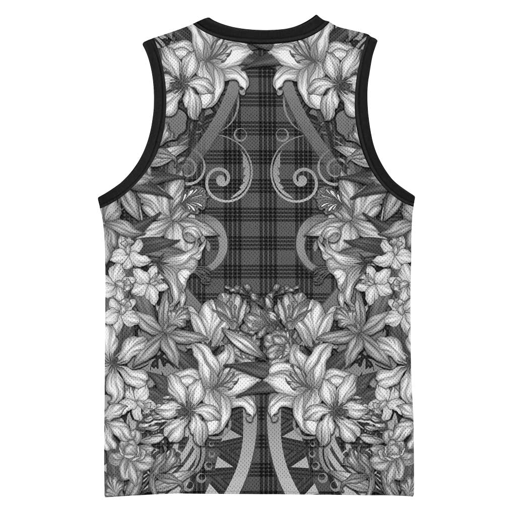 Hawaii Palaka Basketball Jersey Black Tribal Pattern With Tropical Flowers LT05 - Polynesian Pride