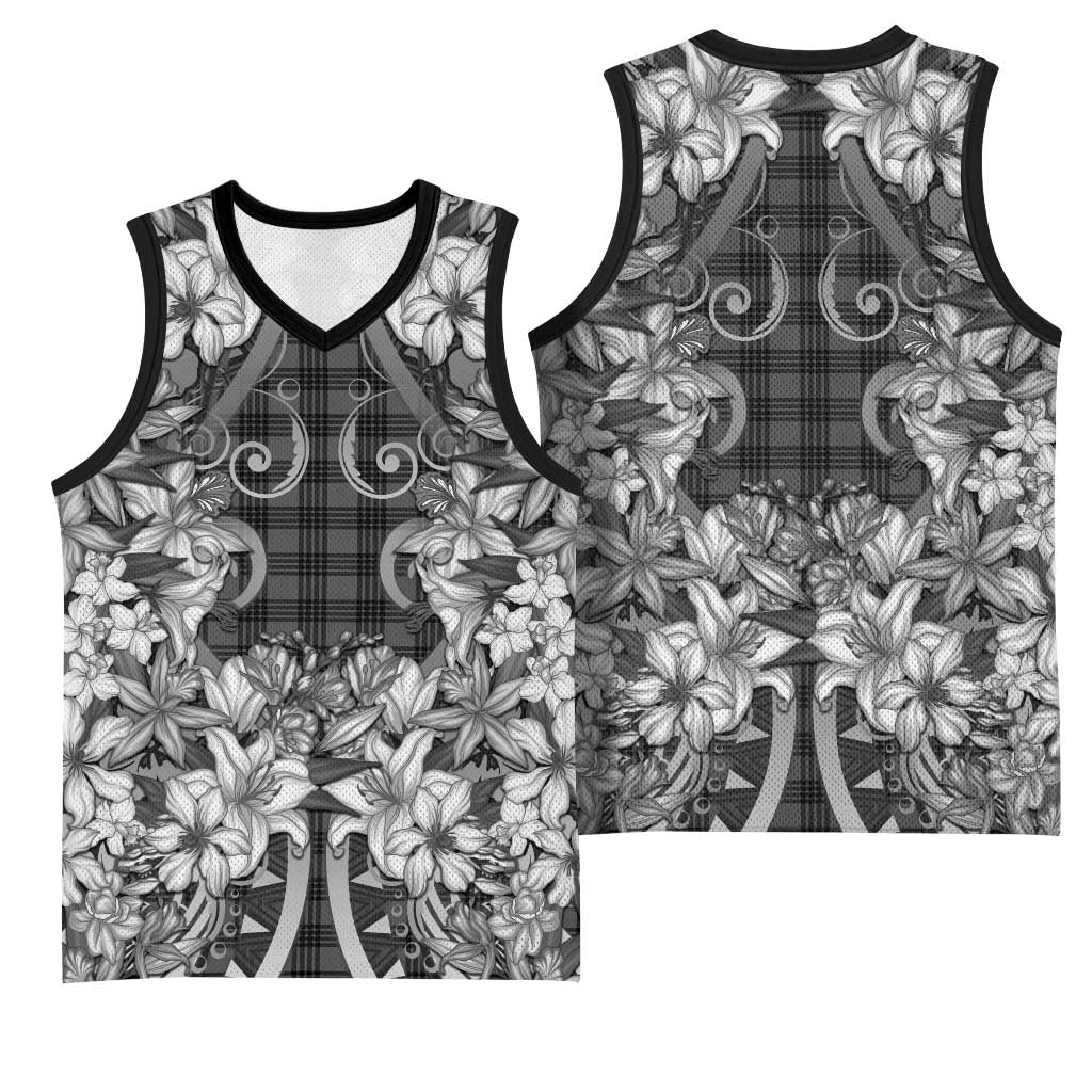 Hawaii Palaka Basketball Jersey Black Tribal Pattern With Tropical Flowers LT05 - Polynesian Pride