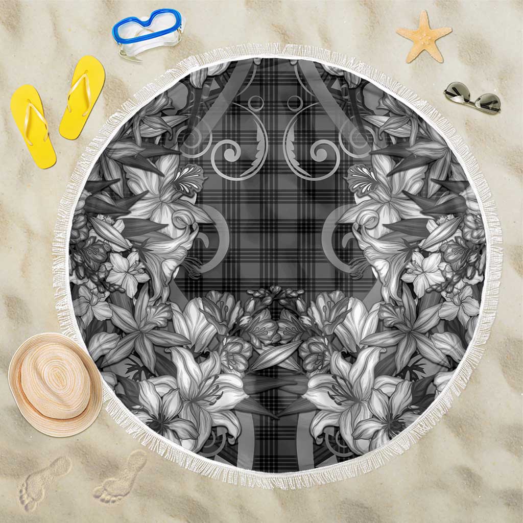Hawaii Palaka Beach Blanket Black Tribal Pattern With Tropical Flowers LT05 One Size 150cm Black - Polynesian Pride