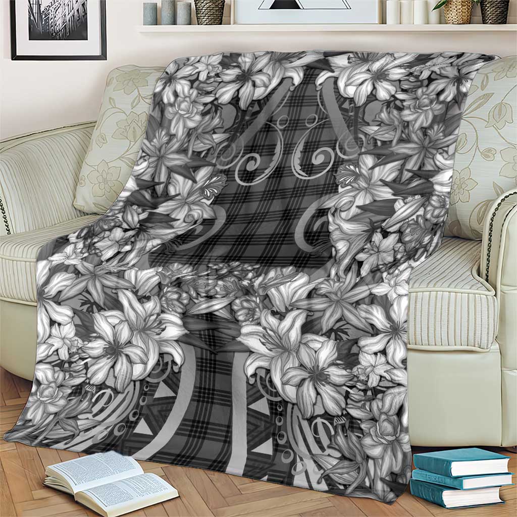 Hawaii Palaka Blanket Black Tribal Pattern With Tropical Flowers - Polynesian Pride