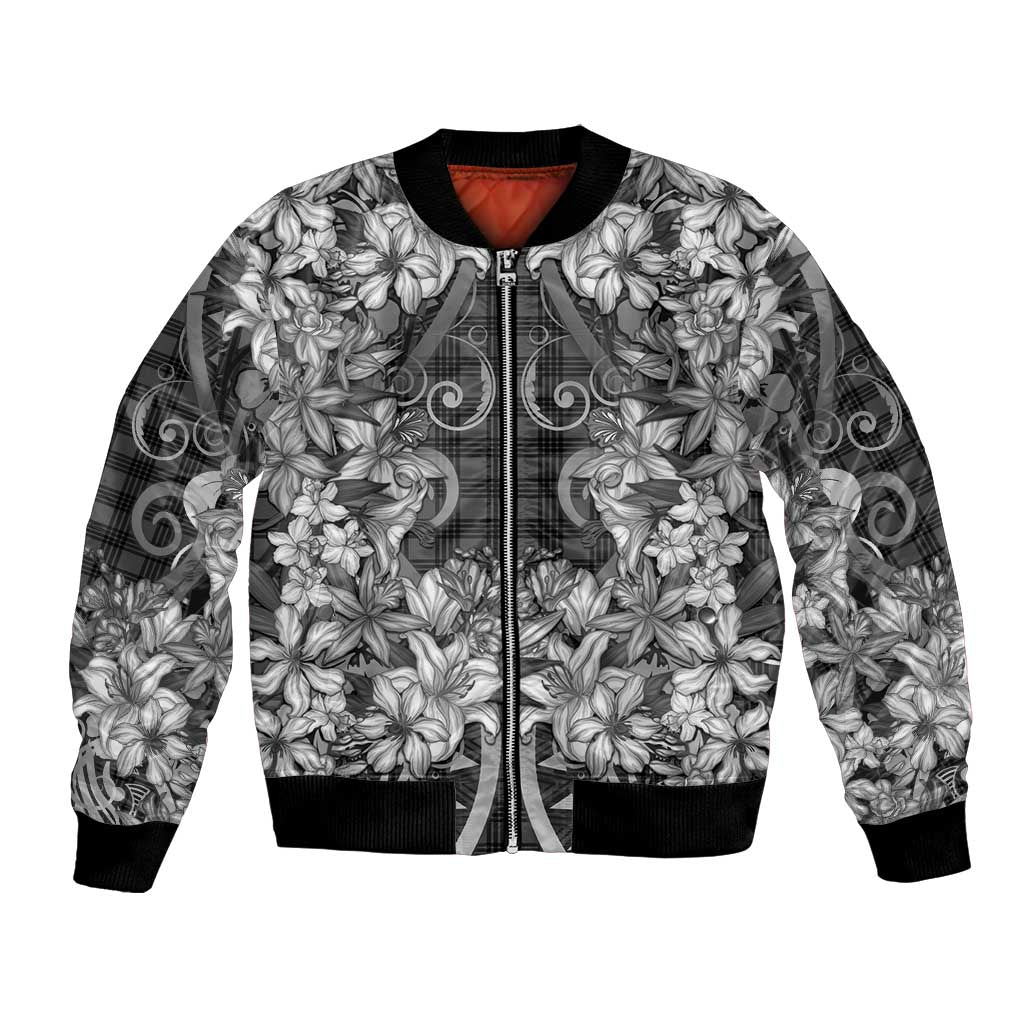 Hawaii Palaka Bomber Jacket Black Tribal Pattern With Tropical Flowers - Polynesian Pride