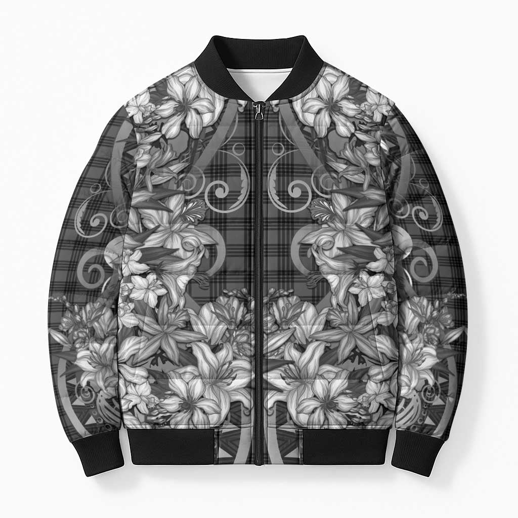 Hawaii Palaka Bomber Puffer Jacket Black Tribal Pattern With Tropical Flowers LT05 Unisex Black - Polynesian Pride