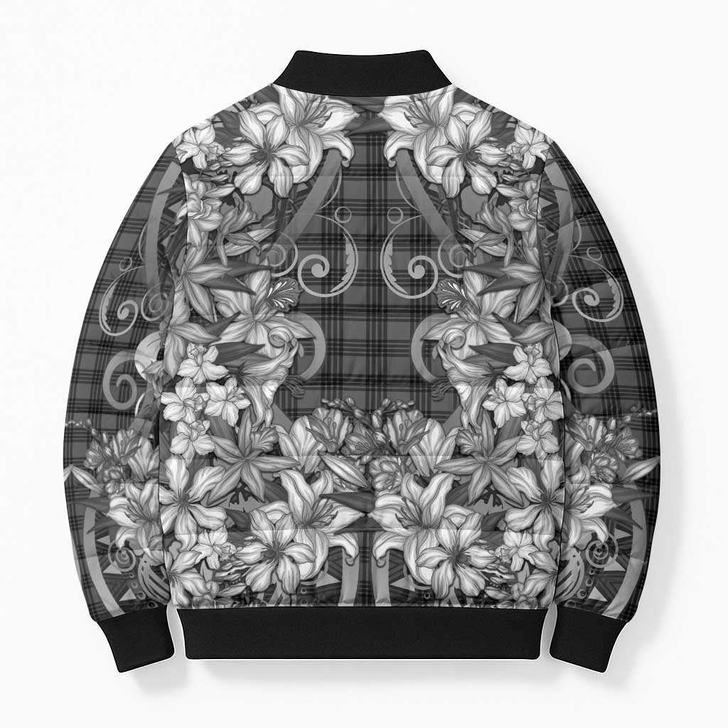 Hawaii Palaka Bomber Puffer Jacket Black Tribal Pattern With Tropical Flowers LT05 - Polynesian Pride