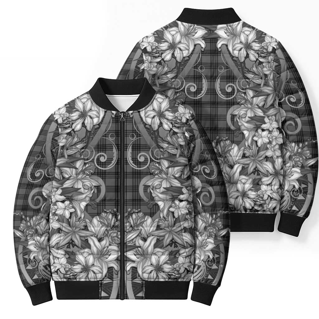 Hawaii Palaka Bomber Puffer Jacket Black Tribal Pattern With Tropical Flowers LT05 - Polynesian Pride