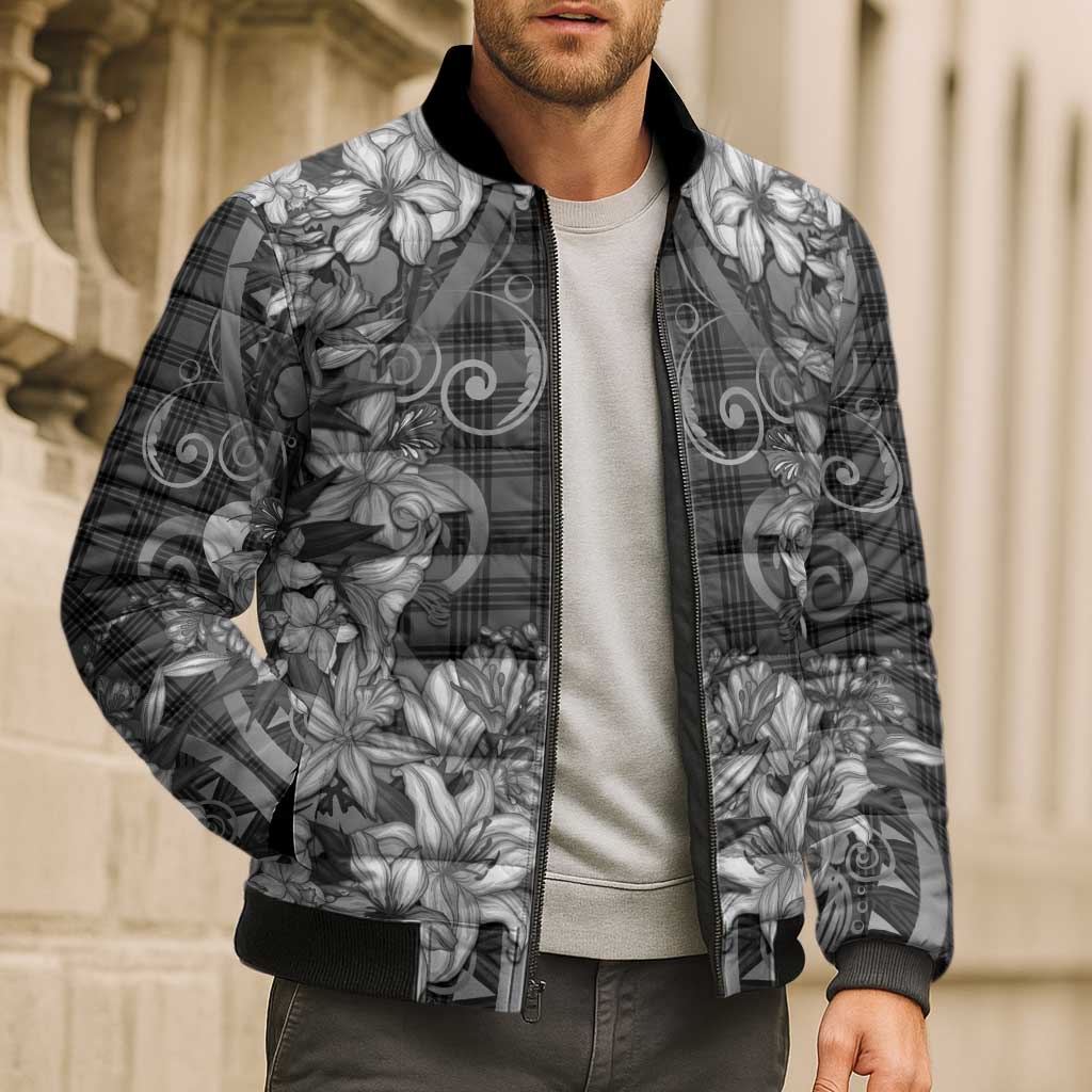 Hawaii Palaka Bomber Puffer Jacket Black Tribal Pattern With Tropical Flowers LT05 - Polynesian Pride