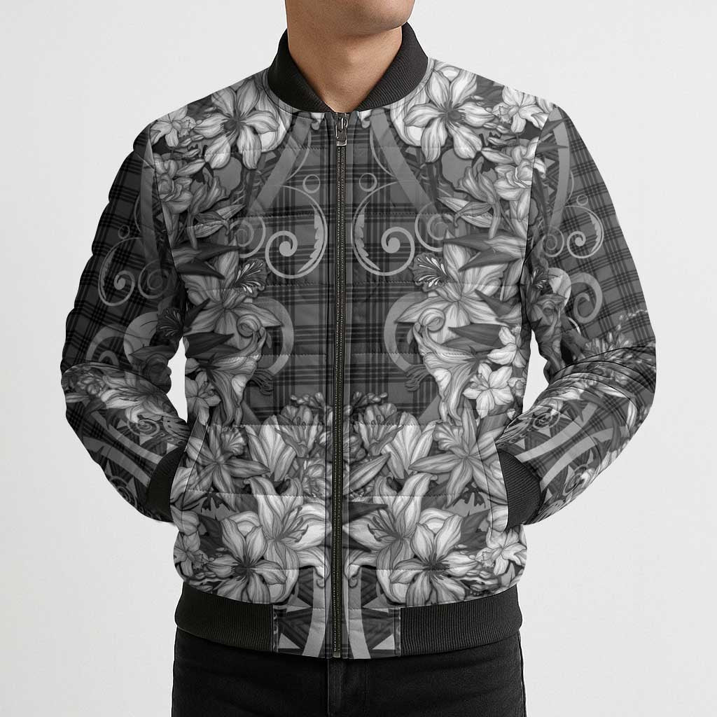 Hawaii Palaka Bomber Puffer Jacket Black Tribal Pattern With Tropical Flowers LT05 - Polynesian Pride