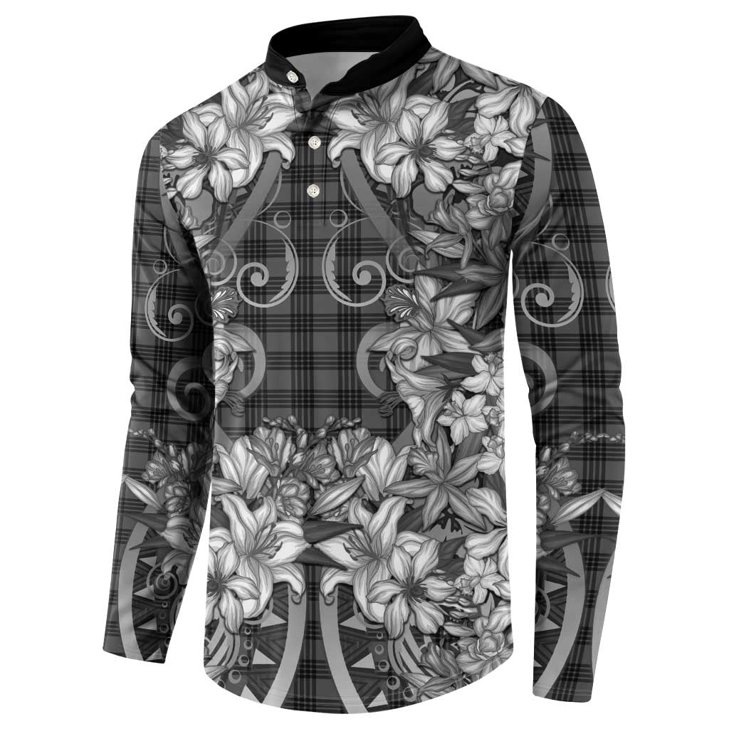 Hawaii Palaka Button Sweatshirt Black Tribal Pattern With Tropical Flowers LT05 - Polynesian Pride