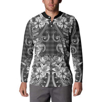 Hawaii Palaka Button Sweatshirt Black Tribal Pattern With Tropical Flowers LT05 - Polynesian Pride